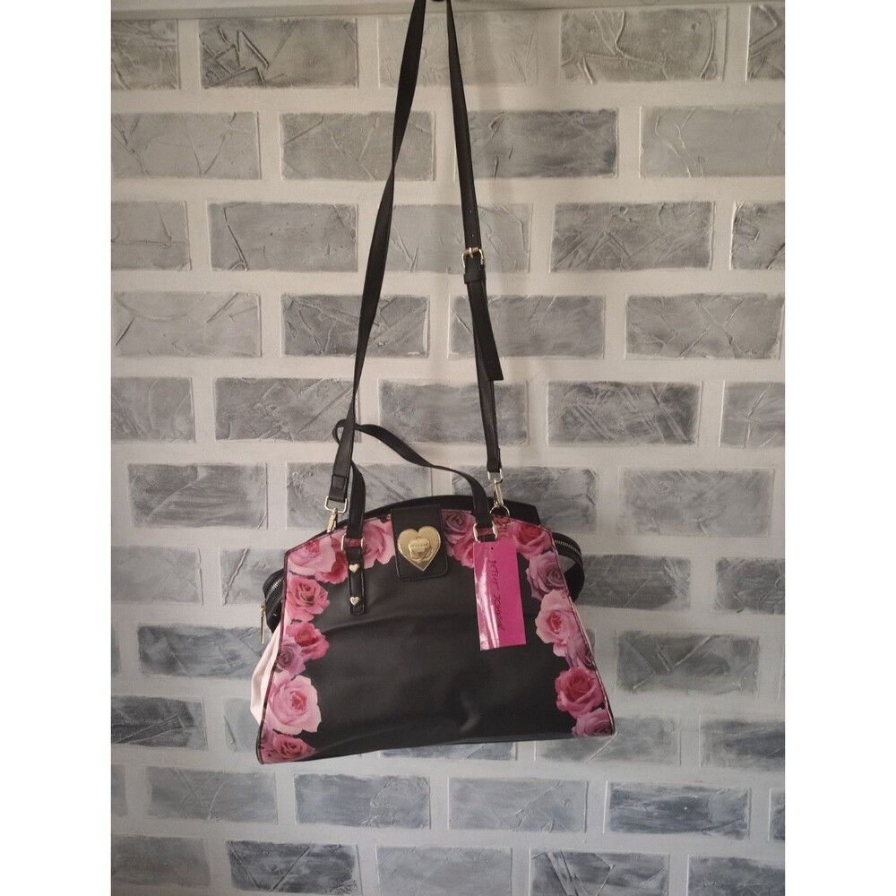 New Betsy Johnson Satchel Purse in Black with Varied Pink Roses Cottage Core Y2K - Picture 9 of 15